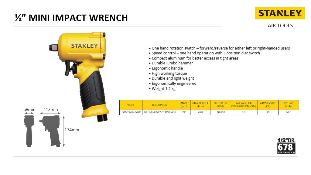 Stanley STMT74840-800 12-inch Mini Impact Wrench (Yellow & Black) - Image 3