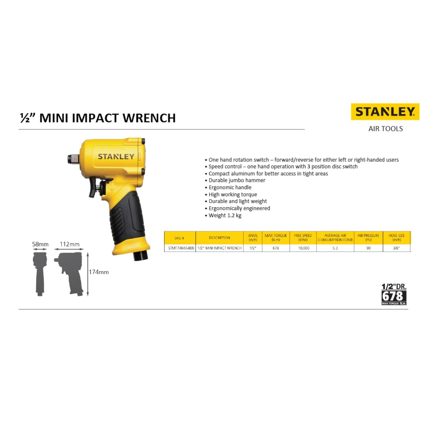 Stanley STMT74840-800 12-inch Mini Impact Wrench (Yellow & Black) - Image 2