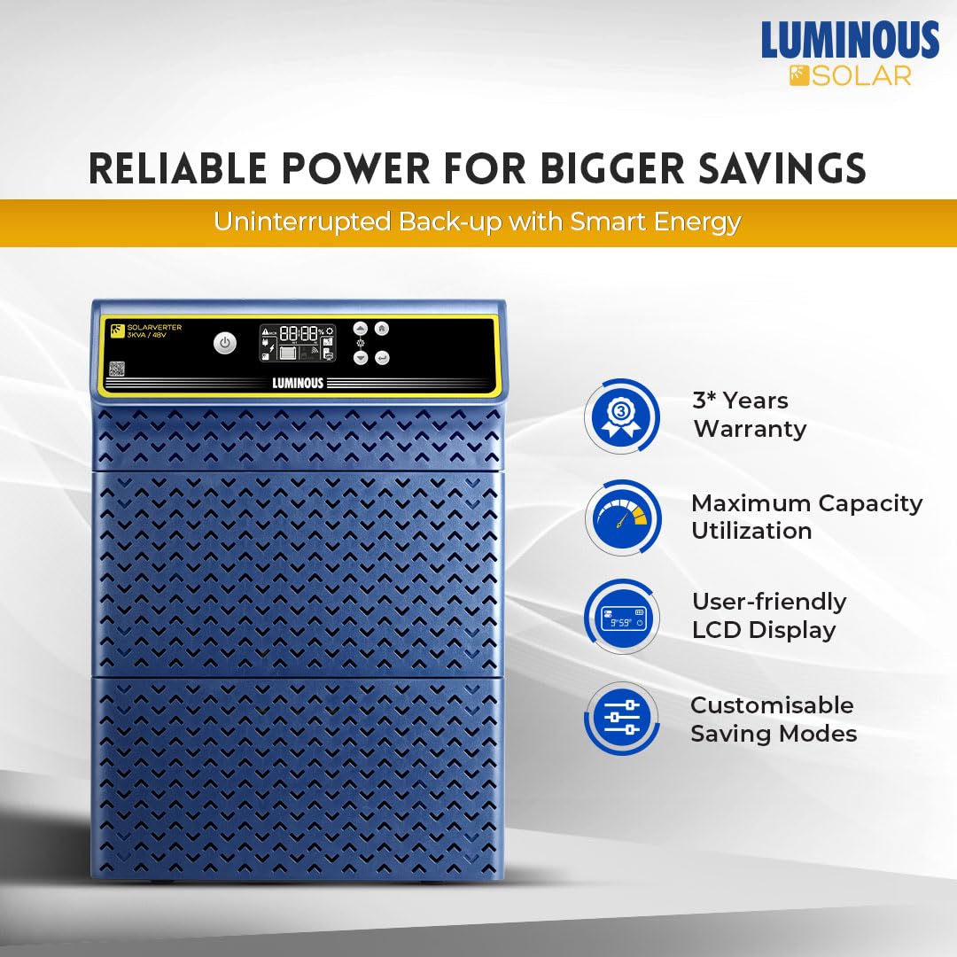 Luminous Single Phase Off-Grid Pure Sine Wave Solar Inverter, Smart Solar Optimization, Customized Saving Modes, Supports up to 3000Wp Panels, LCD Display - Image 5
