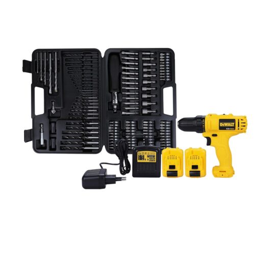 DEWALT DCD700D2A-B1 12V, 10mm XR Li ion Cordless Drill Driver with 2×2.0 Ah Batteries + 109 Pieces Accessory Kit